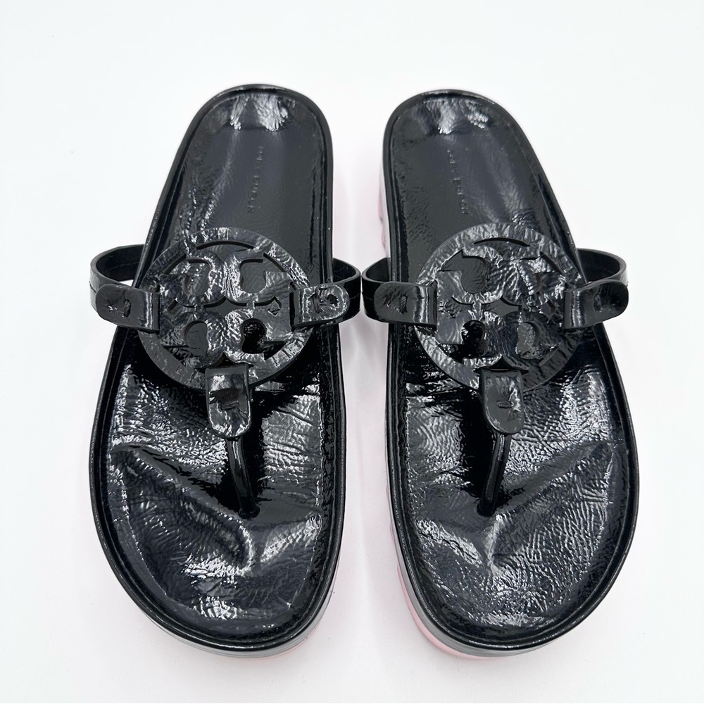 Tory Burch Women's Miller Cloud Lug Sandals Black Patent - Picture 2 of 12